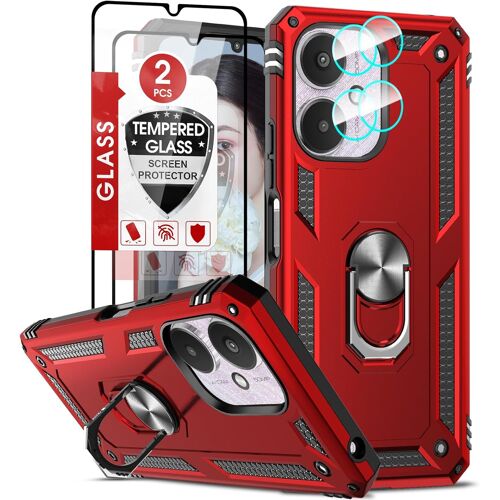 KAL-Coque Pour Xiaomi Redmi 13C 4G/5G Avec 2 Verre Trempé Et 2 Protection Camera, Anneau Support Militaire Anti-Chute Bumper Rigide Armure Housse Etui Noir Pour Redmi 13C Antichoc-Rouge
