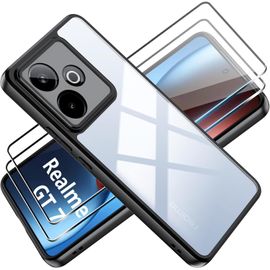 Coque Hybride Pour Realme Gt 7 / Gt 7t 5g - Arrière Pc Transparent + Bumper Tpu Antichoc, 2 Verres Trempés Protection Écran, Découpes Précises, Béquille Intégrée