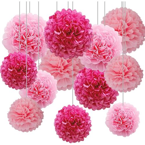 SJZG-Lot De 12 Pompons Papier De Soie Rose Pour Décoration Suspendre De Plafond De Fête(Rose Chaud, Rose Et Rose Clair)