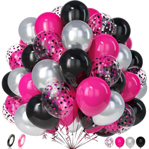 SJZG-Ballons Noir Et Rose, 50 Pièces Métal Argent Rose Rouge Noir Confettis Ballon Latex Hélium Ruban Anniversaire Mariage Valentin Graduation Douche Nuptiale Femme Fille Enfant Princesse Décoration