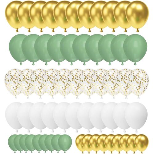 CAUC-Ballons Vert Doré Blanc, 70 Pièces - Sauge Doré, Olive Blanc, Métallisé Or - Latex - Anniversaire, Mariage, Baptême, Baby Shower, Décoration