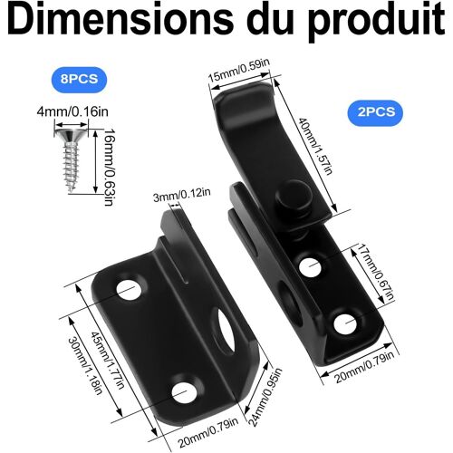 2 Pièces Loquet Porte, Verrou Porte Interieure Exterieur Noir, Targette de Porte Coulissante, Right Open, pour Fenêtre, Placard et Jardin