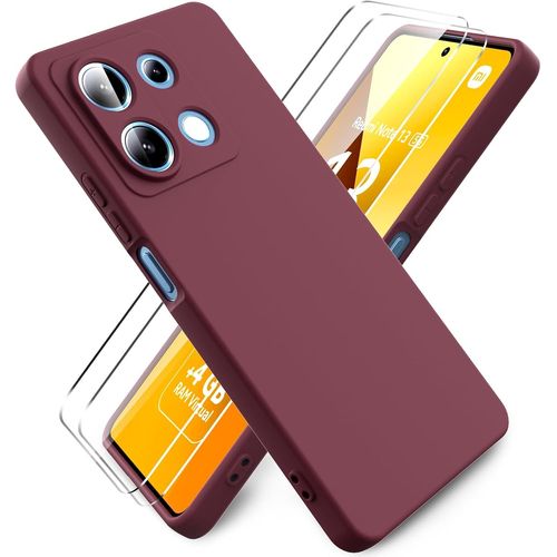 KAL-- Coque Pour Xiaomi Redmi Note 13 5G, Avec 2 Pièces Protecteur D'Écran En Verre Trempé, Housse Silicone Souple Ultra-Mince De Couleur Pure, Coque En Caoutchouc Antichoc - Bordeaux