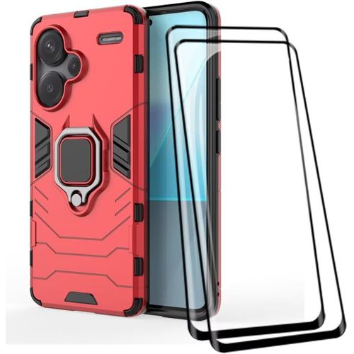 Coque Armor Tpu+Pc Antichoc Pour Xiaomi Redmi Note 13 Pro Plus 5g (Pro+) Avec Bague Support Et Plaque Magnétique + 2 Verres Trempés - Rouge