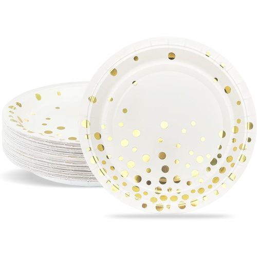 Assiettes À Dessert 18cm Paillettes Dorées Assiettes En Carton Jetables Blanc Assiettes En Papier 50 Pièces Vaisselle De Fête Pour Baptême, Anniversaire, Mariage
