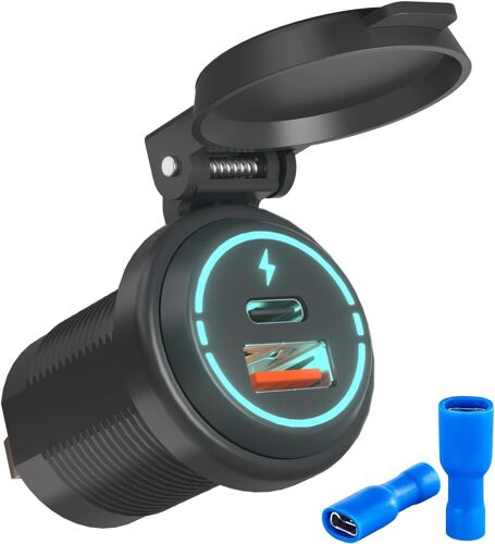 Prise Usb 12V Chargeur De Voiture, Prise De Chargeur De Voiture Usb C, Prise Usb Encastrable Auto Pour Voiture 12V / 24V, Moto, Bateaux Et Marine, Camion (Bleu Glacier : Usb+Type C)