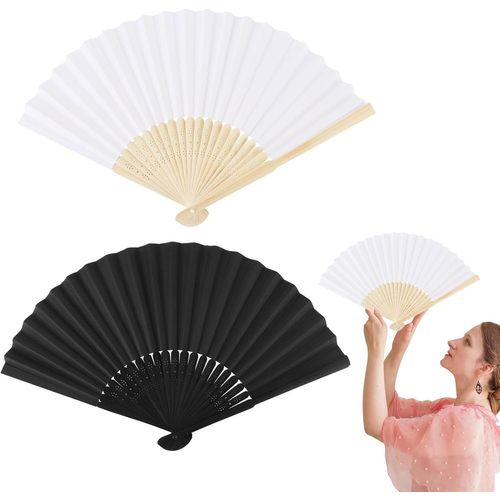 Ventilateur portable d'été - 2 éventails pliables en bambou - Noir/blanc - Petit ventilateur oriental - Pour décoration de fête d'été