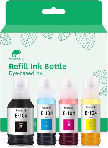 104 Encre Compatible avec Epson 104 Bouteille d'encre Multipack pour ET-1810 ET-2726 ET-2810 ET-2811 ET-2812 ET-2814 ET-2815 ET-2820 ET-2821 ET-2825 ET-2826 ET-4700 ET-4800 ET-4800 ET-2860