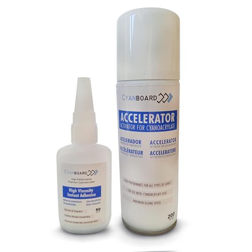 Kit Colle Cyanoacrylate Haute Viscosité (50grs) + Activateur Accélérateur Couvre Pores (200 Ml). Colle Instantanée Pour Matériaux Poreux : Bois, Caoutchouc, Cuir.