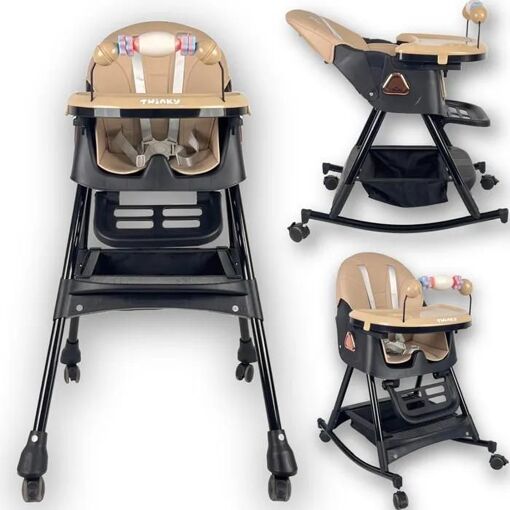 Chaise Haute Bébé Évolutive 6-en-1 Pliable Avec Roulettes – Siège Multifonction Réglable, Plateau Amovible, Harnais 5 Points, Idéale De 6 Mois à 4 Ans (Beige)