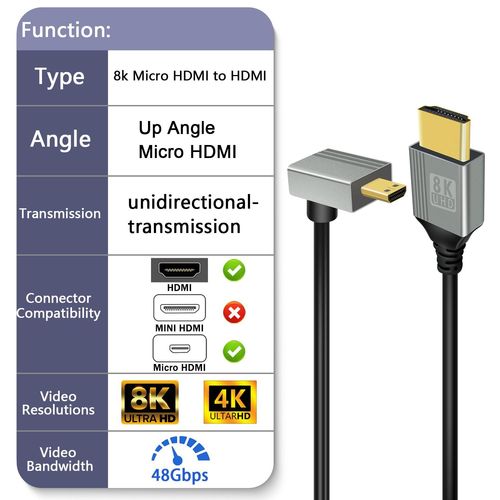 Câble Micro Hdmi Vers Hdmi 8K, 2.1 Micro Hdmi Mâle Vers Hdmi Mâle Converter 90° Degrés, Supporte 8K@60Hz 3D Compatible Avec Gopro, Appareils Photo Numériques(Up Angle Micro Hdmi 0.5M)[Z381]