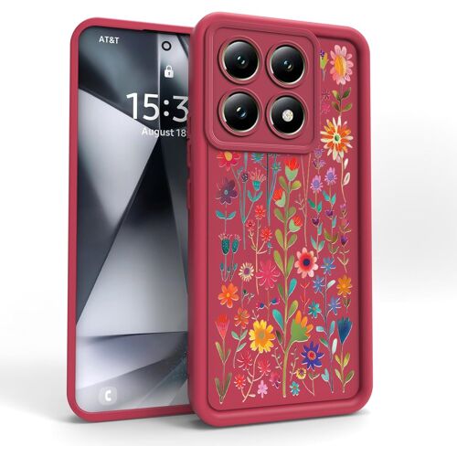 LORANKA-Coque pour Xiaomi 14T Pro - Étui Silicone Souple Fine Légère Elegant Désign, Protection Caméra Antichoc Anti-Rayures Mince Housse (Wine Red,Flowers)