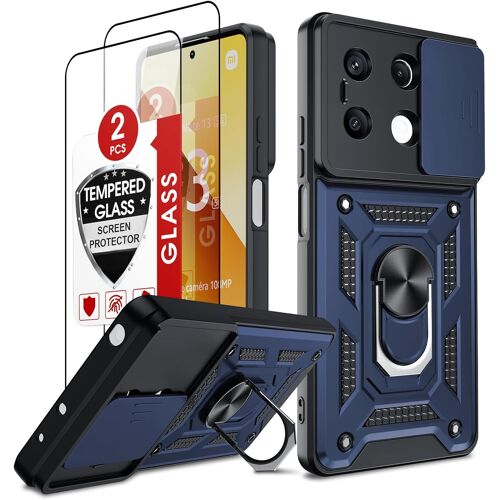 KAL-Coque Pour Xiaomi Redmi Note 13 5G(Pas 4G) Anneau Avec 2*Verre Trempé+Full Protection Caméra Coulissante, Étui De Pc Dur Et Tpu Silicone Militaire Anti-Rayures Coque Redmi Note 13 Antichoc-Bleu