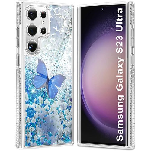 Kal-Coque Pour Samsung Galaxy S23 Ultra,Motif De Papillon Housse Samsung Galaxy S23 Ultra Protection Paillette Souple Mouvants Bling Silicone Liquide Au Design - Papillon Bleu