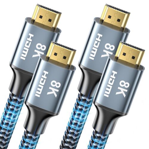 Câble HDMI 2.1 8K 0,5m 2 Pièces, 48Gbps Haute Vitesse Câble HDMI Tressé, 8K@60Hz, 4K@120Hz/144Hz, Supporte pour Dolby Vision, eARC, HDCP 2.2/2.3, HDR, Compatible HDTV Moniteur et Plus