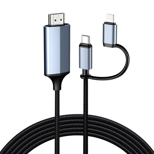 VornixorSarlshop-Câble 2 en 1 Lightning et type C vers HDMI 2 m, cordon HDMI pour iPhone, double interface pour iPhone 16-12/iPad Pro/Air/Mini, synchronisation vidéo et son (pas pour ordinateurs port