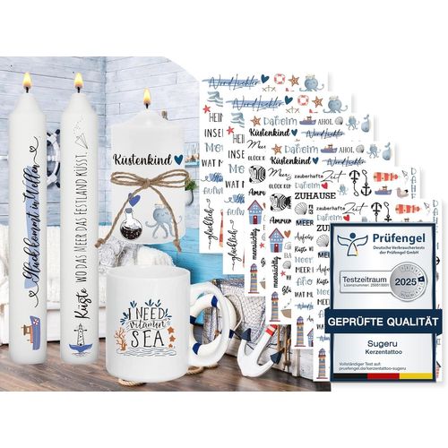 SJZG-Lot De 6 Tatouages De Bougies (Plus De 200 Motifs) - Impression Par Transfert D'Eau - Film Coulissant Pour Bougies - Autocollant Pour Bougies - Dictons : Mer, Ancre, Bateau, Port, Été (Océan)