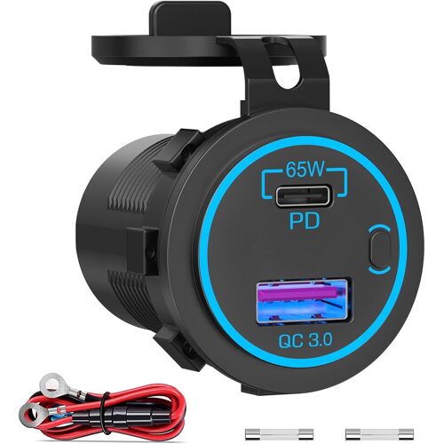 Prise de Chargeur de Voiture USB C 65W pour Portable: 12V/24V Prise de Voiture PD 3.0 et QC 3.0 avec Interrupteur Imperméable USB 12V Charge Rapide pour Golf Cart,Camion,Bateau,Moto