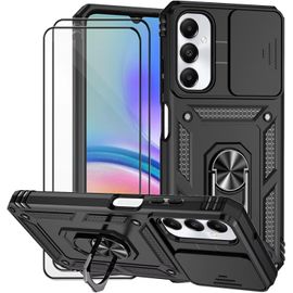 TRAHOO-Coque pour Samsung Galaxy A05s avec Verre TrempéLentille Coulissante Couverture Support d¿Anneau Rotatif Armor Silicone Étui Antichoc Housse Bumper-Noir