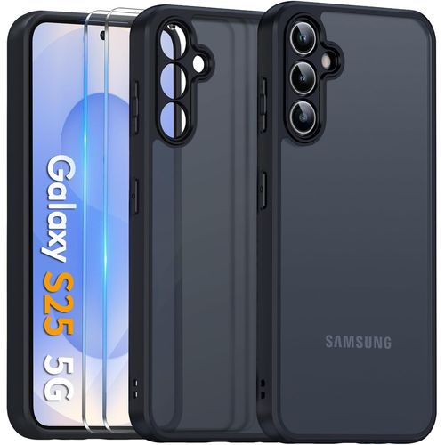 Coque Mat pour Samsung Galaxy S25 avec Protection Caméra et 2 Pièces Verre Trempé, Étui Arrière Translucide Givrée Mince Antichoc, Anti-Empreintes Digitales Housse, Noir