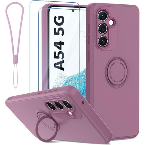 Protective Camera Case Compatible With Samsung Galaxy A54 5g With Ring Stand And 2 Pieces Tempered Glass, High Quality Slim Silicone Case (Purple)
