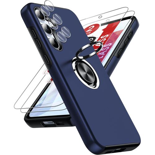 Coque pour Samsung Galaxy A55 5G avec 2 Verre Trempé Vitre Protection, 2 Protection Camera et Anneau Telephone Invisible, Militaire PC et TPU Etui Antichoc Housse pour Samsung A 55 - Bleu