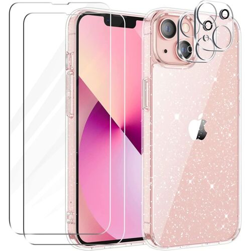 KALANKA-Coque Compatible avec iphone 13, 2 Pièces Verre Trempé Protection Écran & 2 Pièces Protecteur de Caméra, Housse Transparente à Paillettes en Silicone Souple Glitter Étui TPU Case Cover