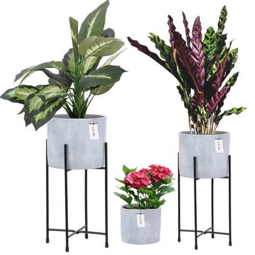 3 X Pot Rond En Céramique H 44 33 12 Béton Gris Avec Deux Supports