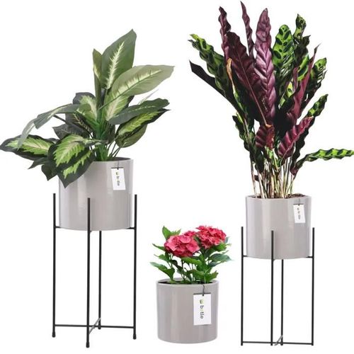 3 X Pot De Fleurs Rond En Céramique H 44 33 12 Gris Clair Avec Deux Supports
