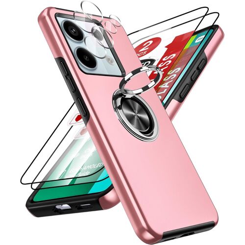 ERSAN-Coque pour Xiaomi Redmi Note 13 Pro 5G avec 2 Verre Trempé Vitre Protection, 2 Protection Camera et Anneau Telephone Invisible, Militaire PC et TPU Silicone Etui Antichoc Housse - Rose