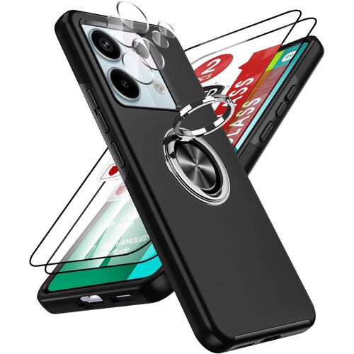 ERSAN-Coque pour Xiaomi Redmi Note 13 Pro 5G avec 2 Verre Trempé Vitre Protection, 2 Protection Camera et Anneau Telephone Invisible, Militaire PC et TPU Silicone Etui Antichoc Housse - Noir
