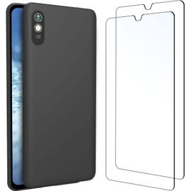Coque Pour Xiaomi Redmi 9A Silicone Ultra Fine Noir Et 2 × Verre Trempé Film Protection Écran Pour Xiaomi Redmi 9A