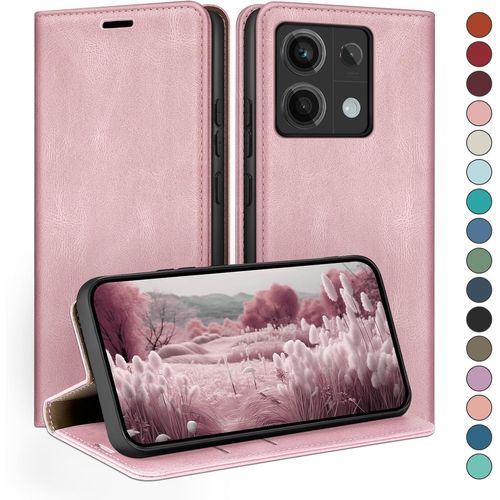 Kal-Coque Pour Xiaomi Redmi Note 13 Pro 5g Avec Rfid Blocage Etui À Rabat En Cuir De Premium,Fentes Pour Cartes,Coques De Case,Cover À Rabat Pour Redmi Note 13 Pro Portefeuille Rose