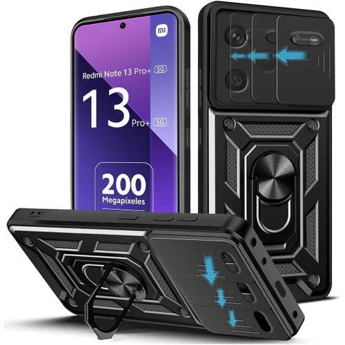 Coque Pour Xiaomi Redmi Note 13 Pro Plus 5g (6.67""), Protection De La Caméra Étui Avec Lentille Coulissante Couverture Et Support À Bague Pc Dur Et Tpu Silicone Antichoc Anti-Rayures - Noir