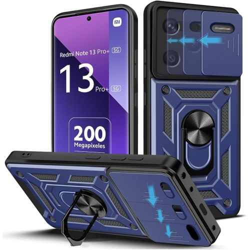 Coque Pc+Tpu Pour Xiaomi Redmi Note 13 Pro Plus 5g (6,67"") - Couvercle Coulissant Caméra, Anneau Rotatif 360° Avec Plaque Magnétique, Antichoc Anti-Rayures Bleu