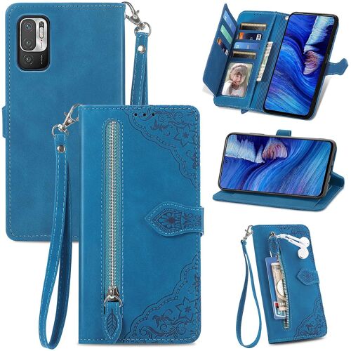 KAL-Coque Porte Monnaie Pour Xiaomi Redmi Note 10 5G | Note 10T | Poco M3 Pro 5G, Etui Portefeuille En Cuir Pu Avec Cover En Tpu, Etui Multifonctionnel Porte-Cartes Avec Dragonne. Bleu