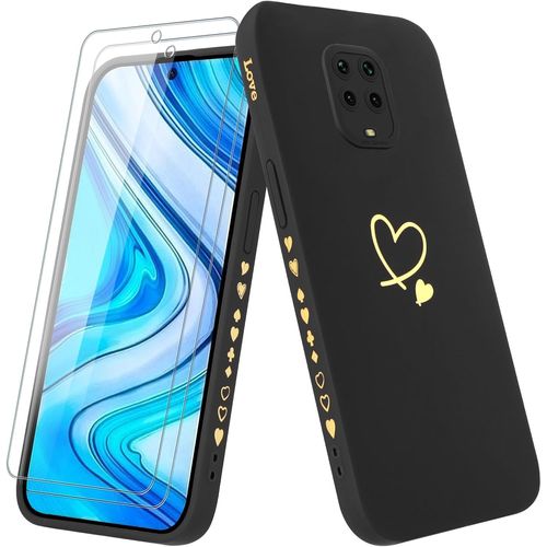 KAL-Coque Pour Xiaomi Redmi Note 9 Pro/9 Pro Max/9S 4G Avec 2 Verre Trempé,Etui Fille Avec Or Motif Coeur Souple Silicone Antichoc Anti-Rayures Housse Compatible Avec Xiaomi Redmi Note 9 Pro,Noir