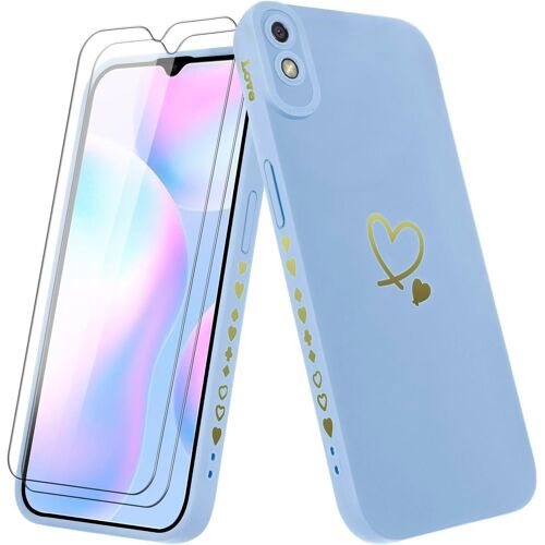 Coque pour Xiaomi Redmi 9AT/Redmi 9A avec 2 Verre Trempé, Etui Fille avec Or Motif Coeur Souple TPU Silicone Antichoc Anti-Rayures Housse Compatible avec Xiaomi Redmi 9AT/Redmi 9A, Bleu