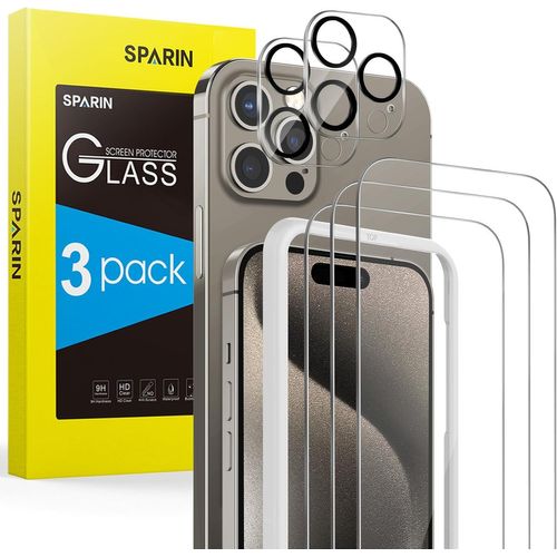 Verre Trempé pour iPhone 15 Pro 6.1 Pouces, Contenir 3 Protection écran et 2 Caméra Arrière Protecteur, Vitre Protection avec Outil D'alignement Facile, Compatible Coque