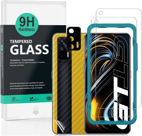 Verre Tremp¿¿ de Protection pour Realme GT 5G, [Paquet de 2] avec M¿¿tal Protecteur D'¿¿cran de Cam¿¿ra,Protection arri¿¿re Effet Fibre de Carbone,avec Une kit d'installation Facile
