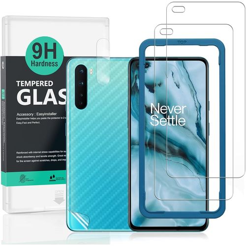 Verre Trempé De Protection Pour Oneplus Nord [Paquet De 2] Avec Protecteur D'écran De Caméra, Protection Arrière Effet Fibre De Carbone,Avec Une Kit D'installation Facile