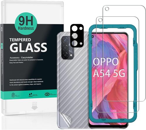 JGD-Verre Trempé de Protection pour OPPO A74 5G/A54 5G, [Paquet de 2] avec Métal Protecteur D'écran de Caméra,Protection arrière Effet Fibre de Carbone,avec Une kit d'installation Facile