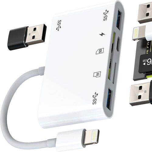 Adaptateur Lightning vers USB OTG 3.0 (6 en 1) lecteur de cartes SD Micro SD pour iPhone14 13 12 11 Pro Max Chargeur Câble certifié MFI pour Apple iPad Numérique Caméra TF Mémoire Card Reader