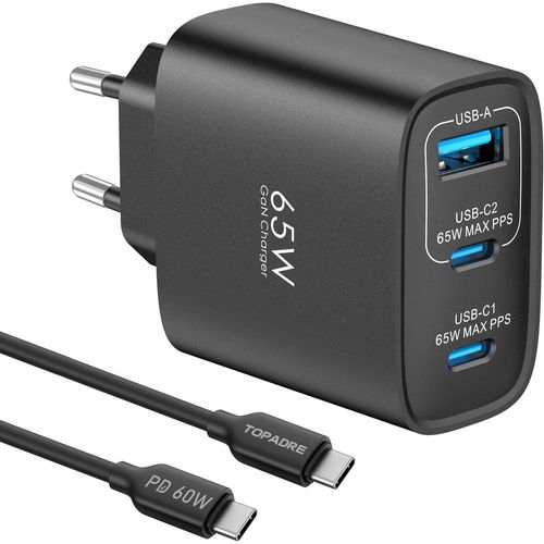 Thef-65w Chargeur Usb C Rapide, 3-Ports Prise Usb C Gan Tech Pd3.0 Pps Avec 60w Câble Pour Iphone 16 15 14 13 12 11, Galaxy S25 S24 S23 Note Pixel 9 8 7 Ipad Macbook Air Pro M3 M2 M1, Noir