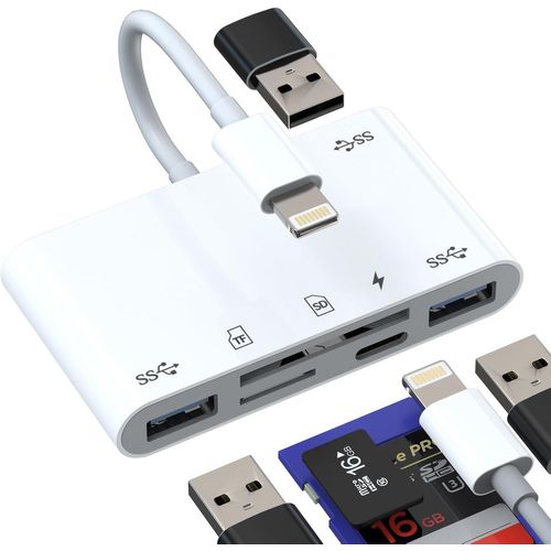 TRAHOO-Adaptateur Lightning vers USB Micro SD Lecteur de Cartes SD Chargeur (6-en-1) Convertisseur Câble OTG Lecteur de Cartes SD Compact Flash pour Apple pour iPhone pour iPad Memory Stick Jack Acce