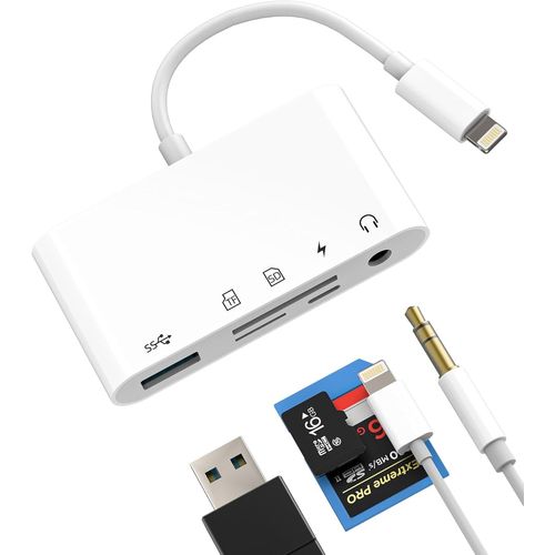 TRAHOO-Adaptateur Lightning vers USB Lecteur de Carte SD Jack 3.5mm Écouteurs (5en1)pour iPad Micro SD TF Memory Card Reader pour iPhone 14 pour Apple Caméra OTG 3.0 Câble AUX Audio Chargeur Connecte
