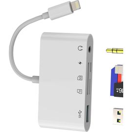 THEF-Adaptateur Lightning À USB(5 En 1)Lecteur de Cartes SD Jack Casque 3.5mm Pour Apple iPhone 14 Câble OTG 3.0 Pour iPad Micro SD TF Carte Lecteur Clé Mémoire Appareil Photo Numérique Adaptateur Ex