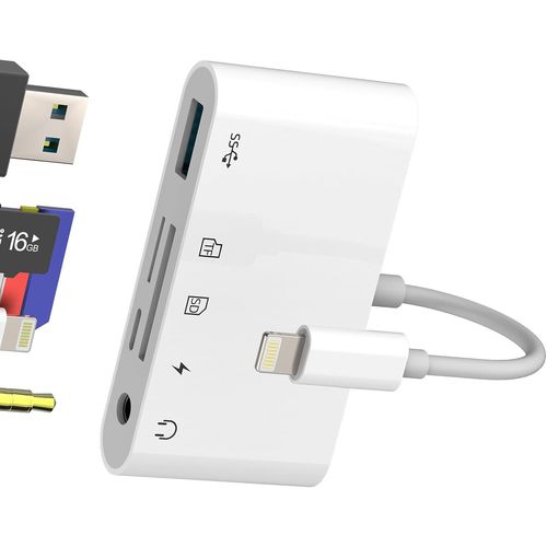 TRAHOO-Adaptateur Lightning vers USB Micro SD Jack 3,5 mm Chargeur Lecteur de Cartes SD (5-en-1) pour Apple pour iPhone 14 13 12 11 Pro Max pour iPad Cartes SD Écouteurs OTG Câble Compact Flash Acces