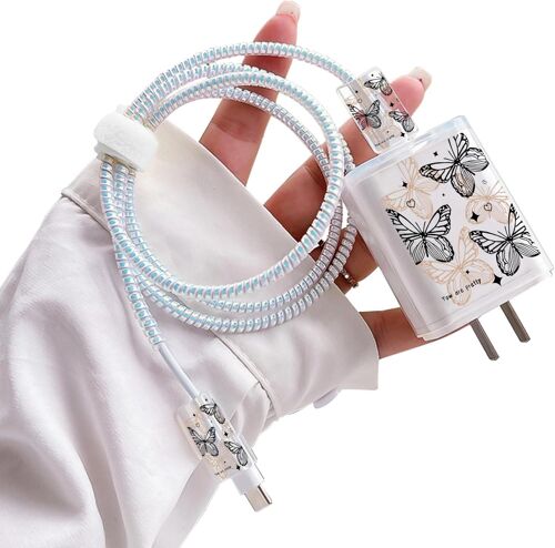 KAL-Série de Protecteur de Câble pour Chargeur Compatible avec iPhone, Protege Câbles avec Joli Motif de Papillon Gris pour Femmes, Protecteurs pour Raccords de Câbles, Protecteur de Chargeur USB