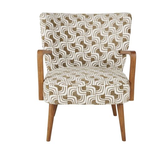 Fauteuil Tissé Jacquard Vert Kaki, Beige Et Bois D'hévéa Massif